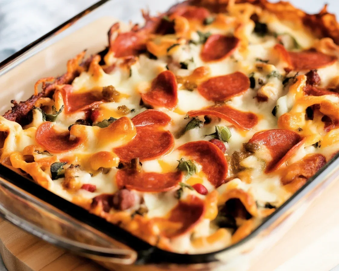 Keto friendly pizza casserole made with heavy cream and eggs topped with cheese.
