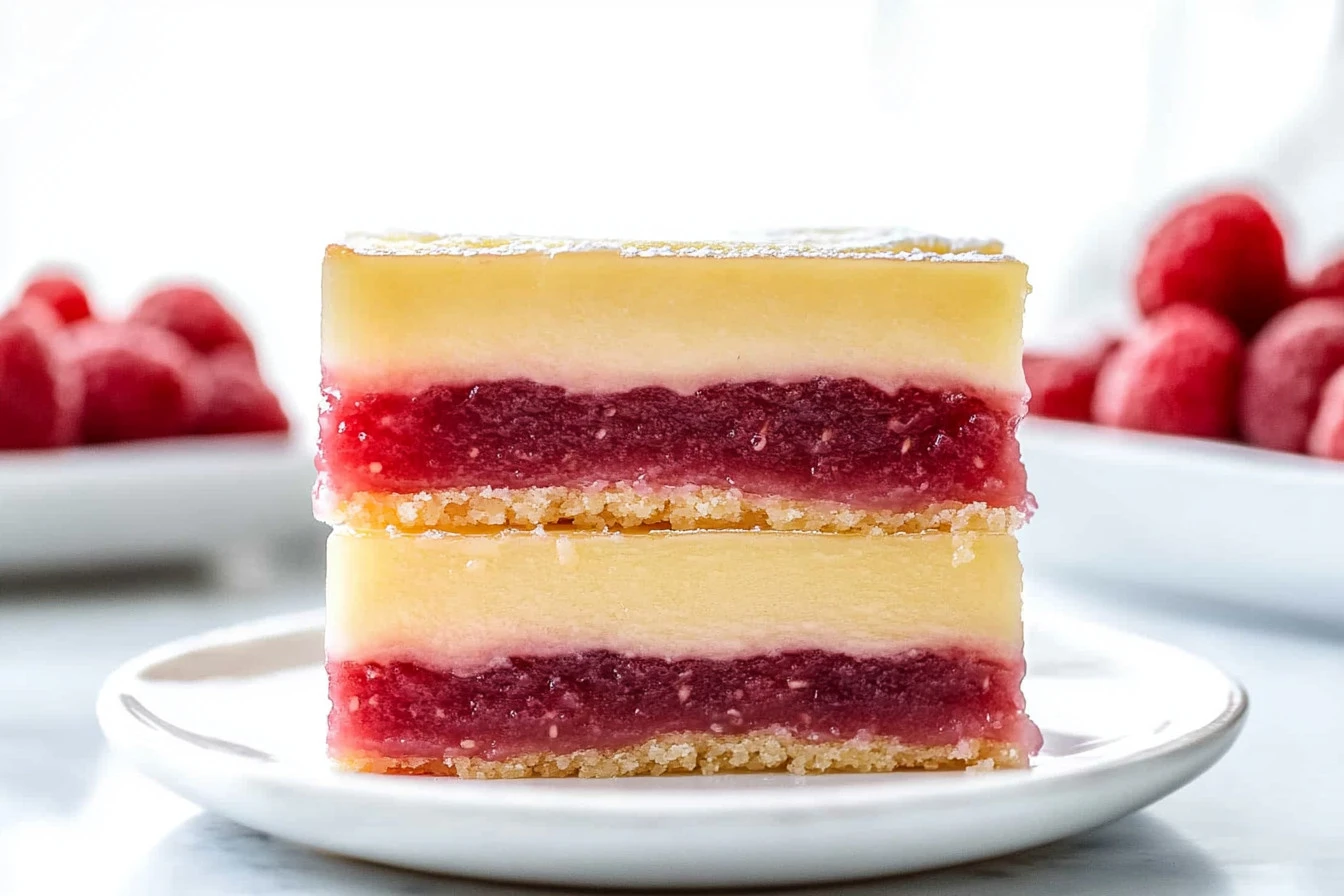 Delicious homemade lemon raspberry bars topped with fresh raspberries.