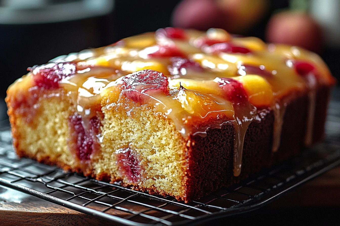 Slice of Lemon Rhubarb Loaf with Glaze on a white plate