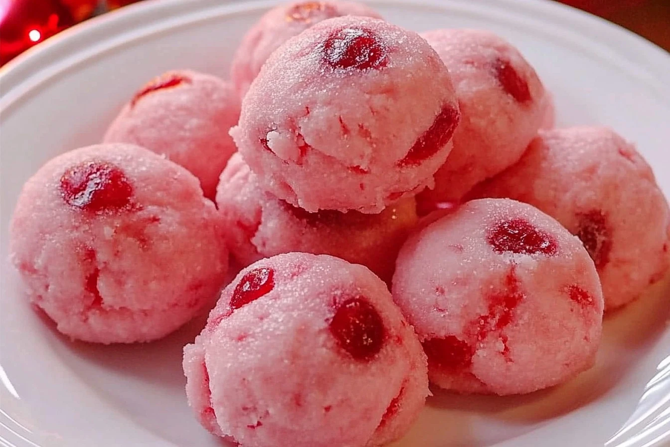 Freshly baked maraschino cherry cookies on a cooling rack.
