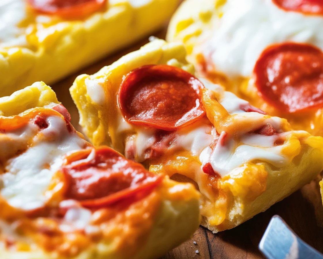 Delicious garlic bread pizza topped with cheese and pepperoni on a baking sheet.