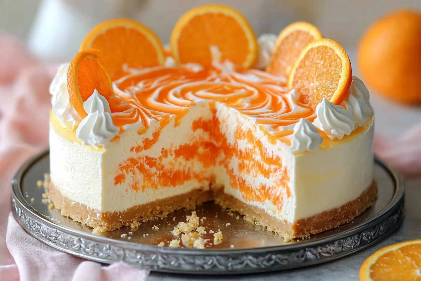 No-bake orange creamsicle cheesecake topped with orange slices