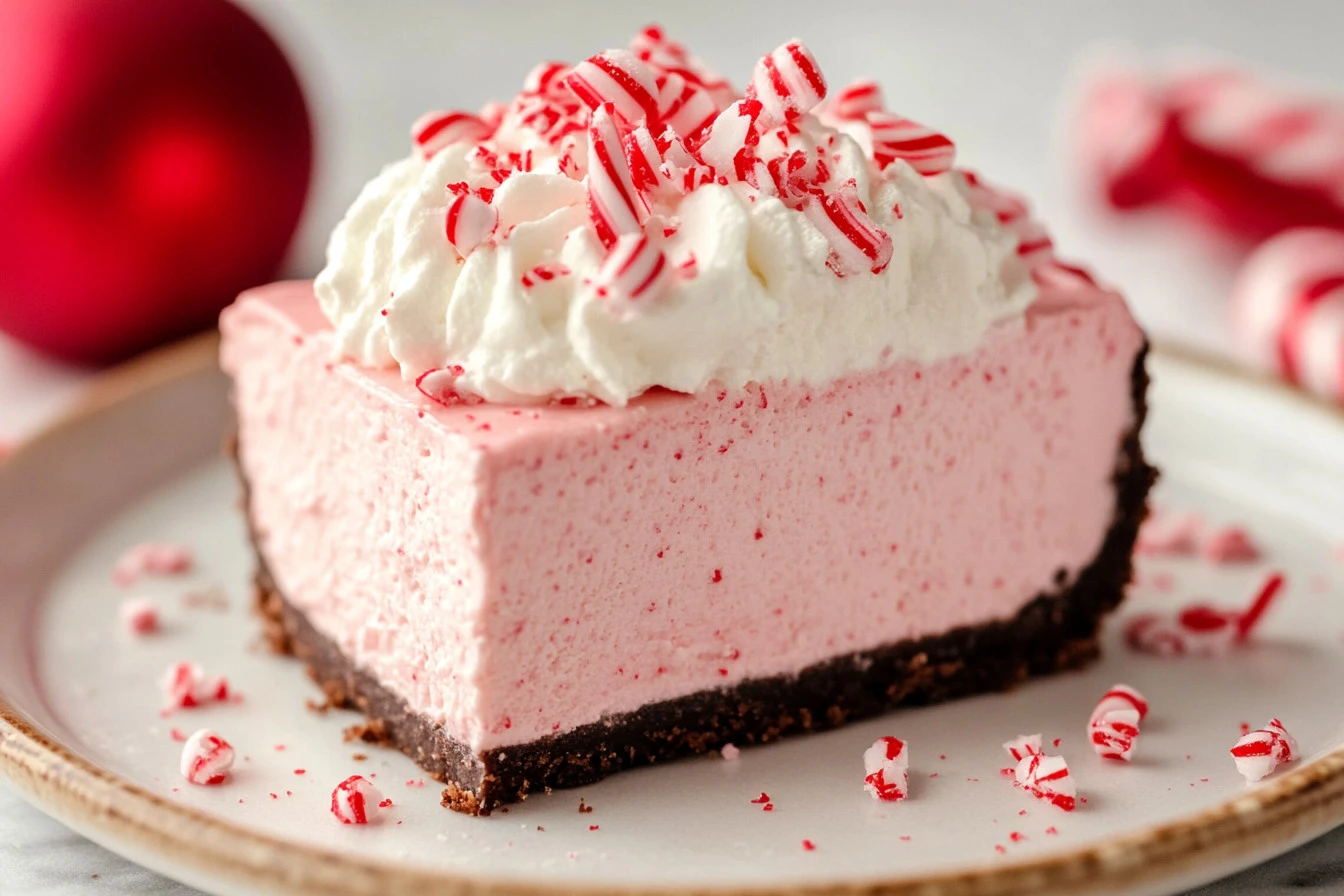 Delicious no bake peppermint cheesecake topped with whipped cream and candy canes