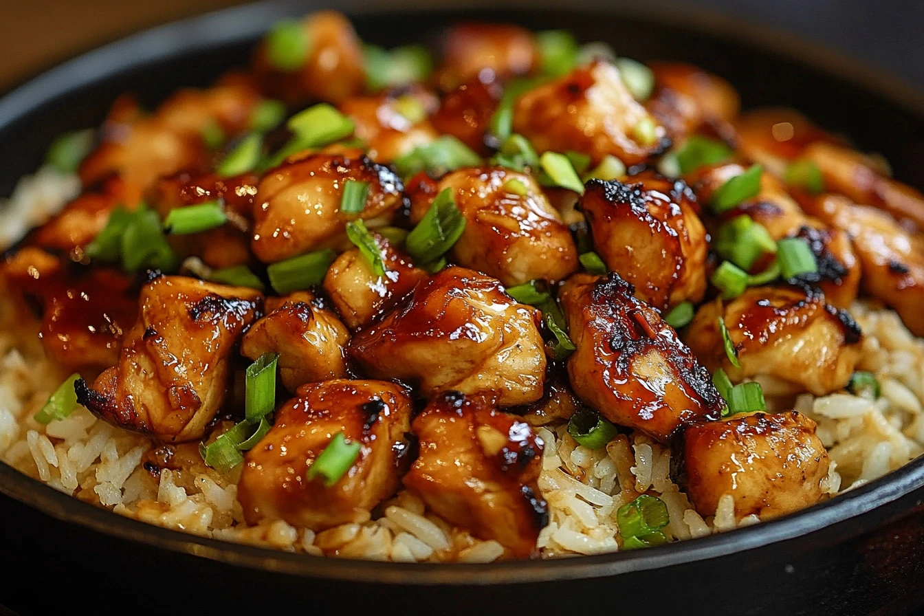 One-Pan Honey BBQ Chicken served with rice, showcasing a delicious meal.