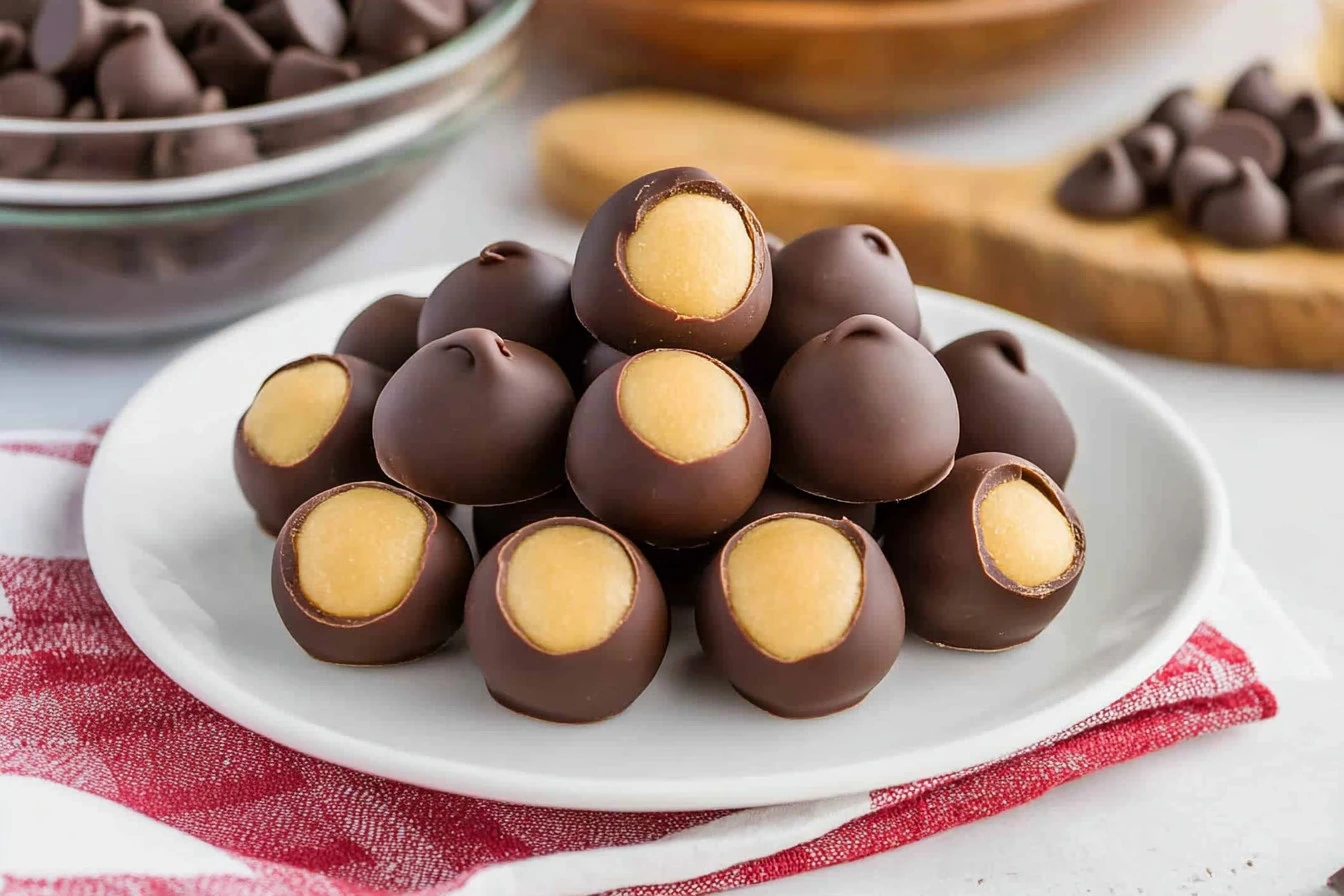 Delicious homemade Peanut Butter Buckeyes coated in chocolate