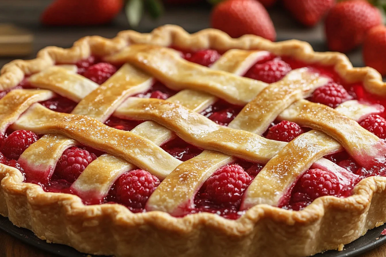 Pioneer Woman's strawberry rhubarb pie with a golden crust and fresh fruit filling.