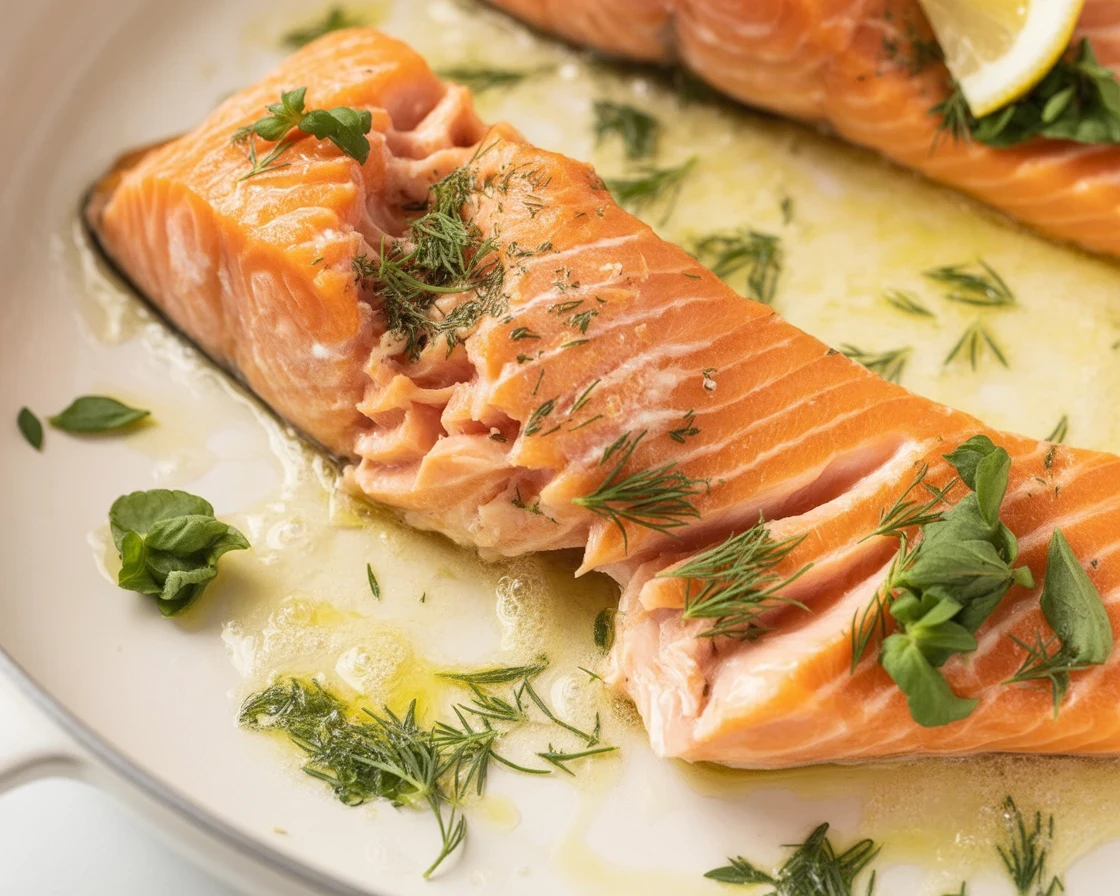 Delicious Keto Salmon cooked in garlic butter, served with asparagus.