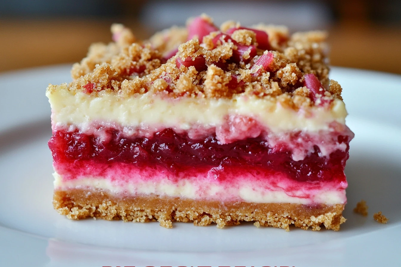 Rhubarb Cheesecake Bars topped with fresh rhubarb and creamy cheesecake layer.