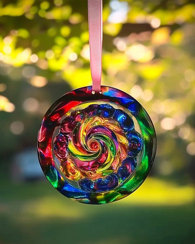 Homemade suncatcher made with clear glue and glitter.