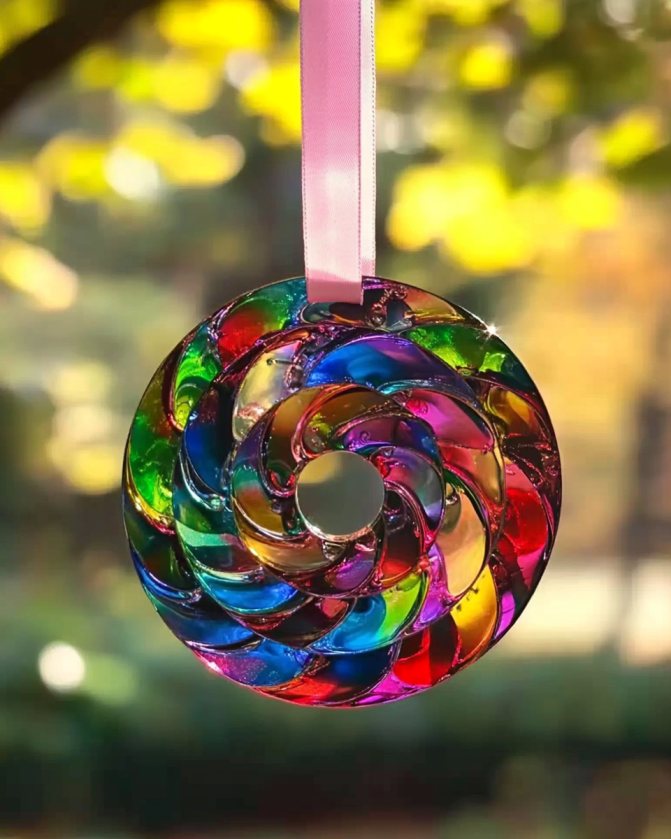 Window display of DIY suncatchers made with glue and sequins.