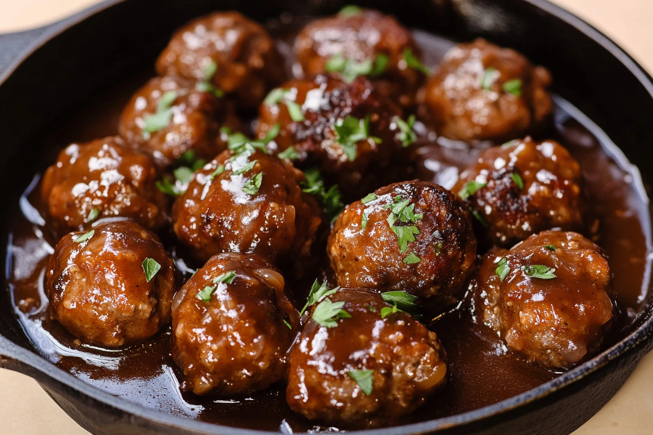 Plate of Salisbury steak meatballs garnished with gravy and parsley