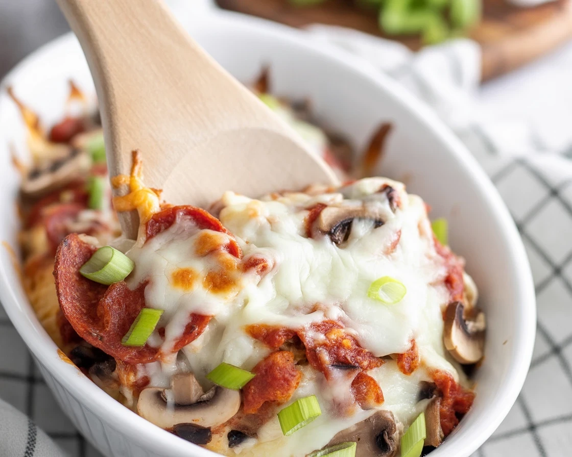 Delicious keto pizza casserole topped with cheese, pepperoni, and Italian sausage.