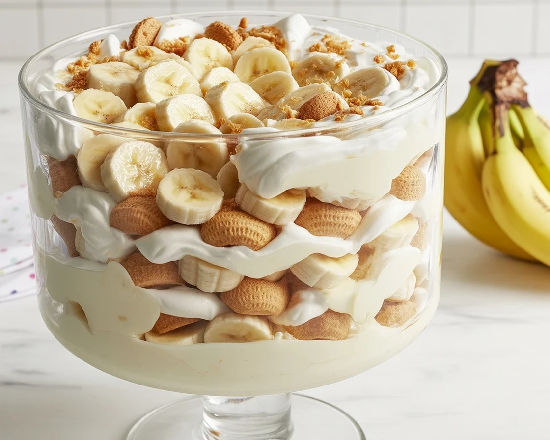 Bowl of easy banana pudding with vanilla wafers and sliced bananas.