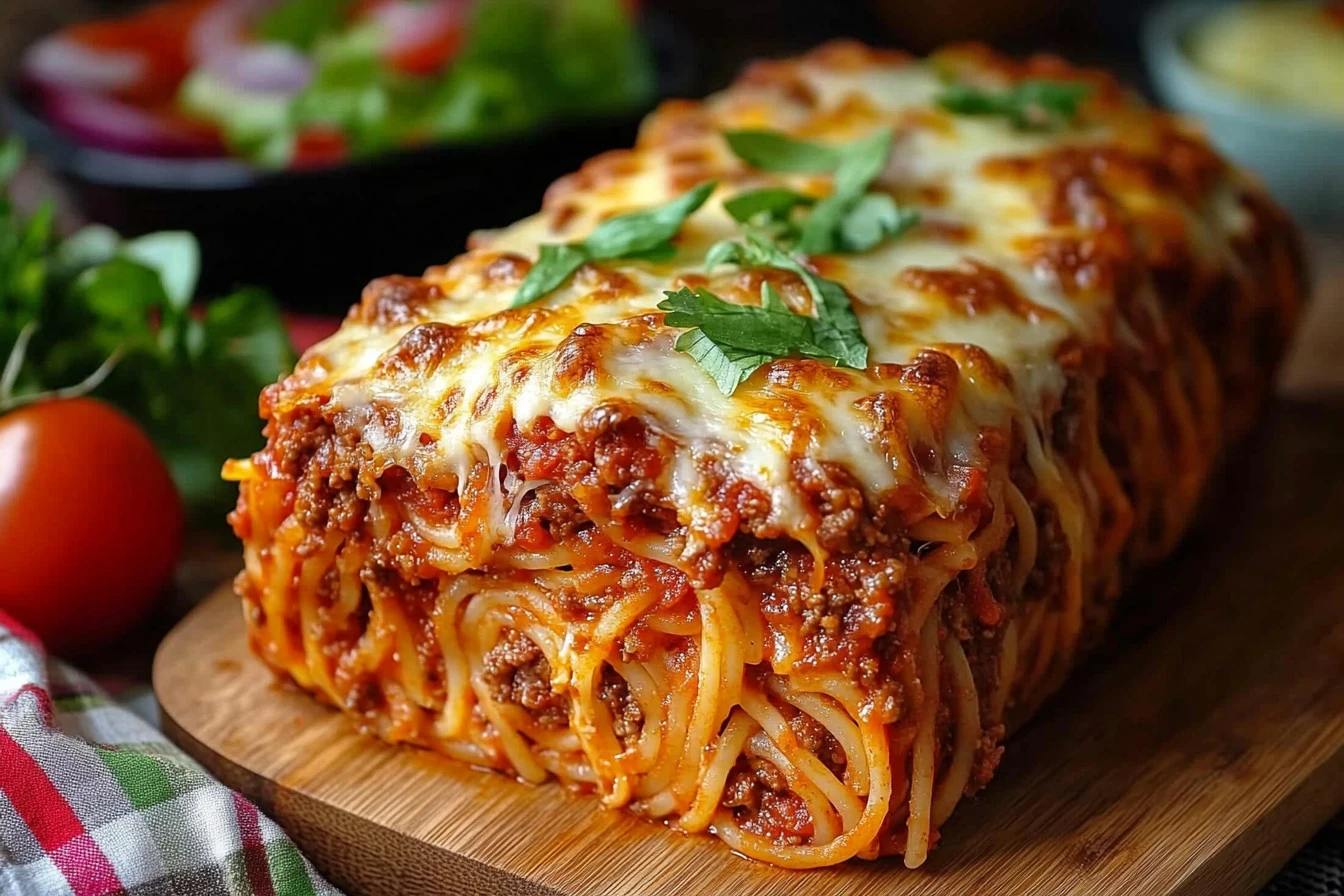 Spaghetti-Stuffed Garlic Bread filled with pasta and melted cheese