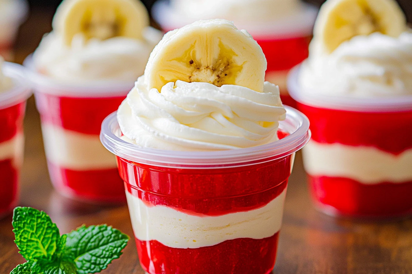 Strawberry Banana Pudding Shots ready for serving with fresh strawberries and bananas.