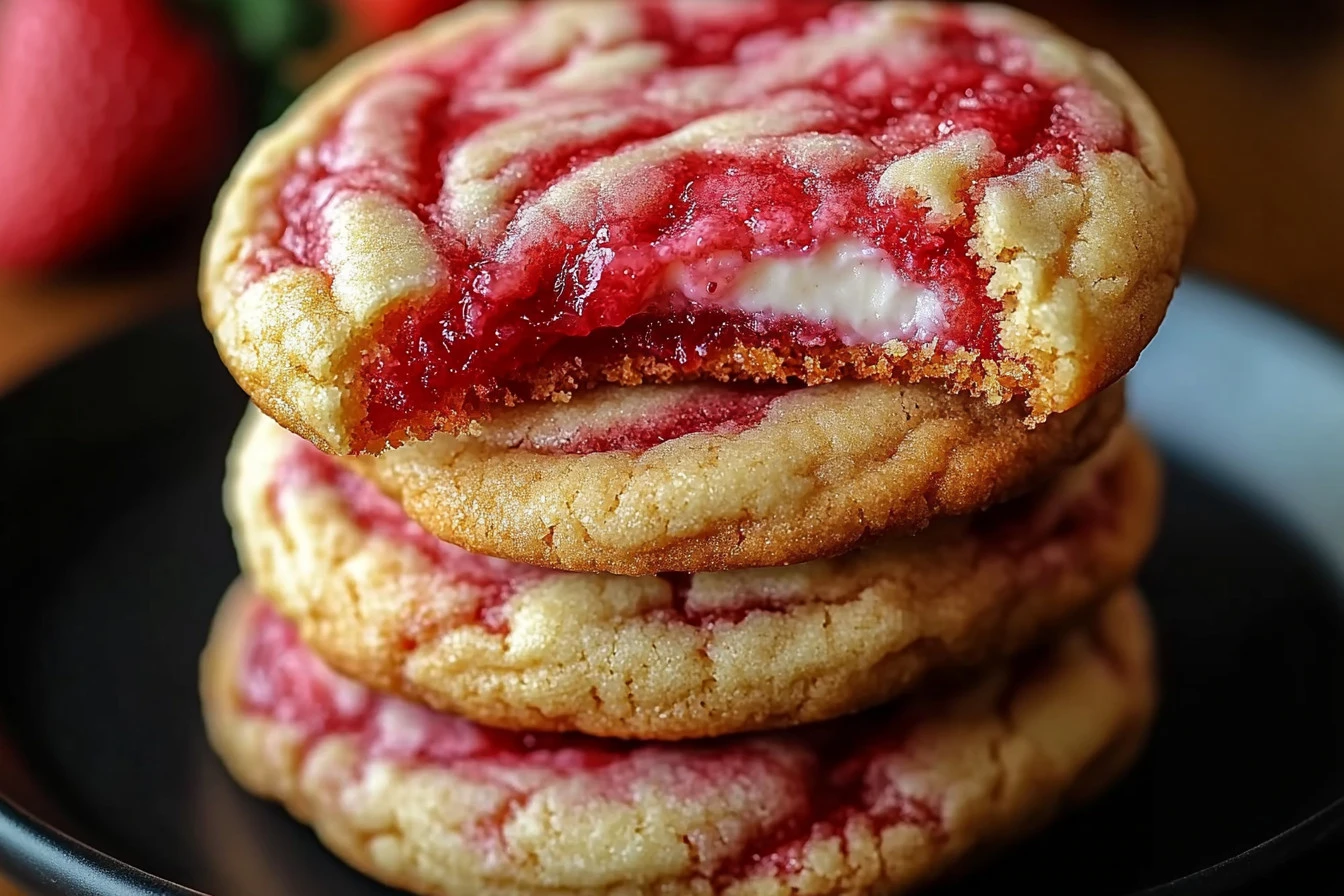 Delicious strawberry cheesecake cookie with creamy filling and fresh strawberries