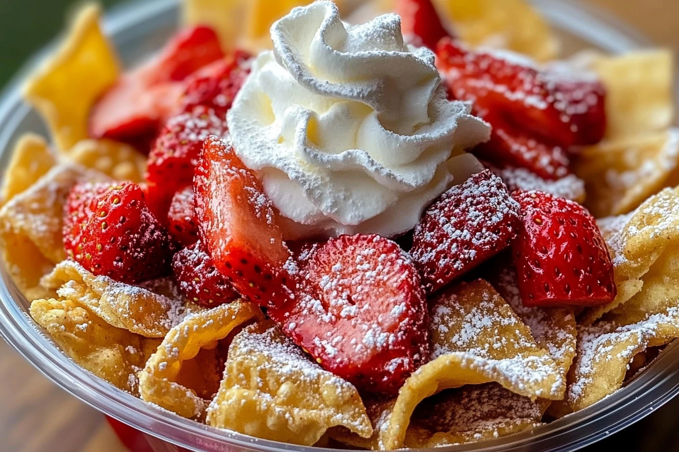 Delicious Strawberry Cheesecake Nachos topped with fresh strawberries and whipped cream