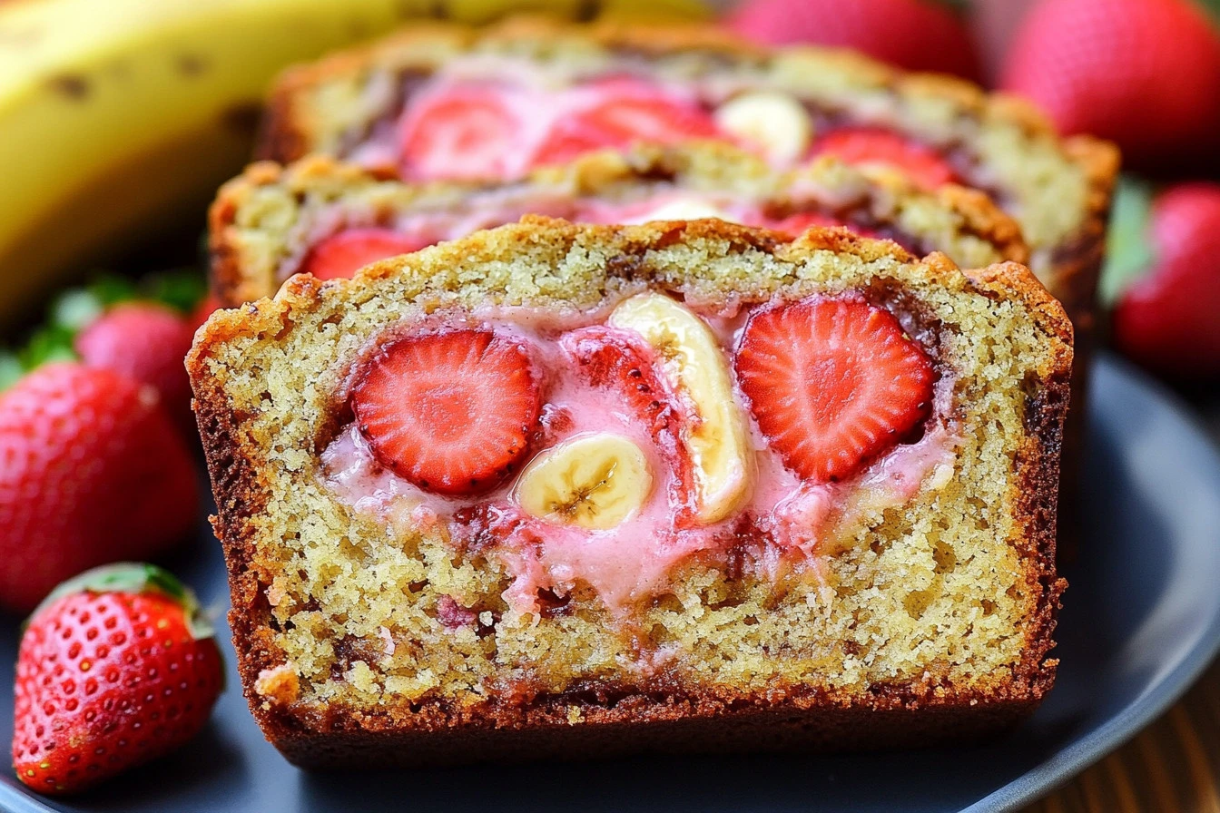 Slice of Strawberry Cream Cheese Banana Bread on a plate