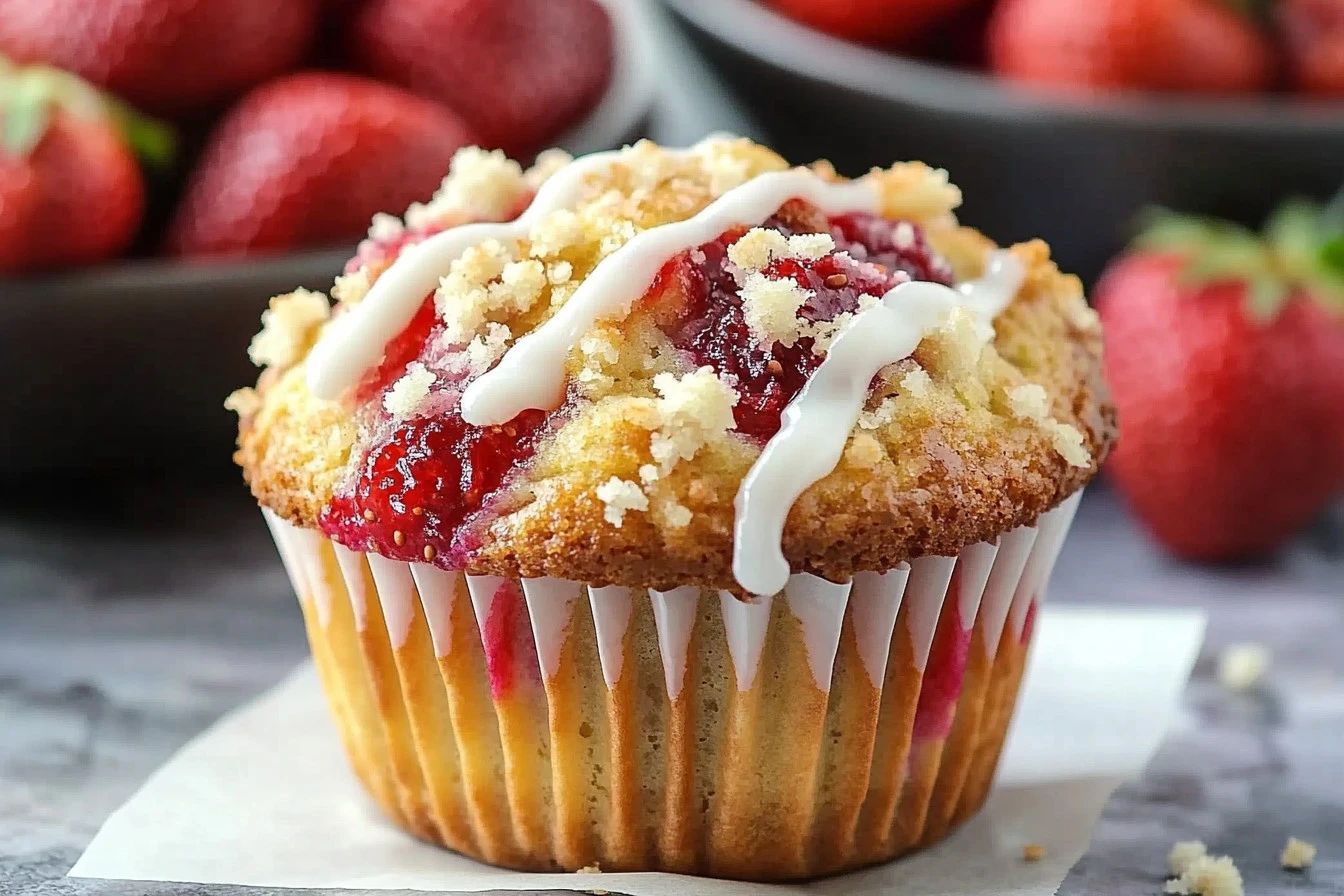 Strawberry cream cheese muffins topped with streusel crumb topping on a wooden platter