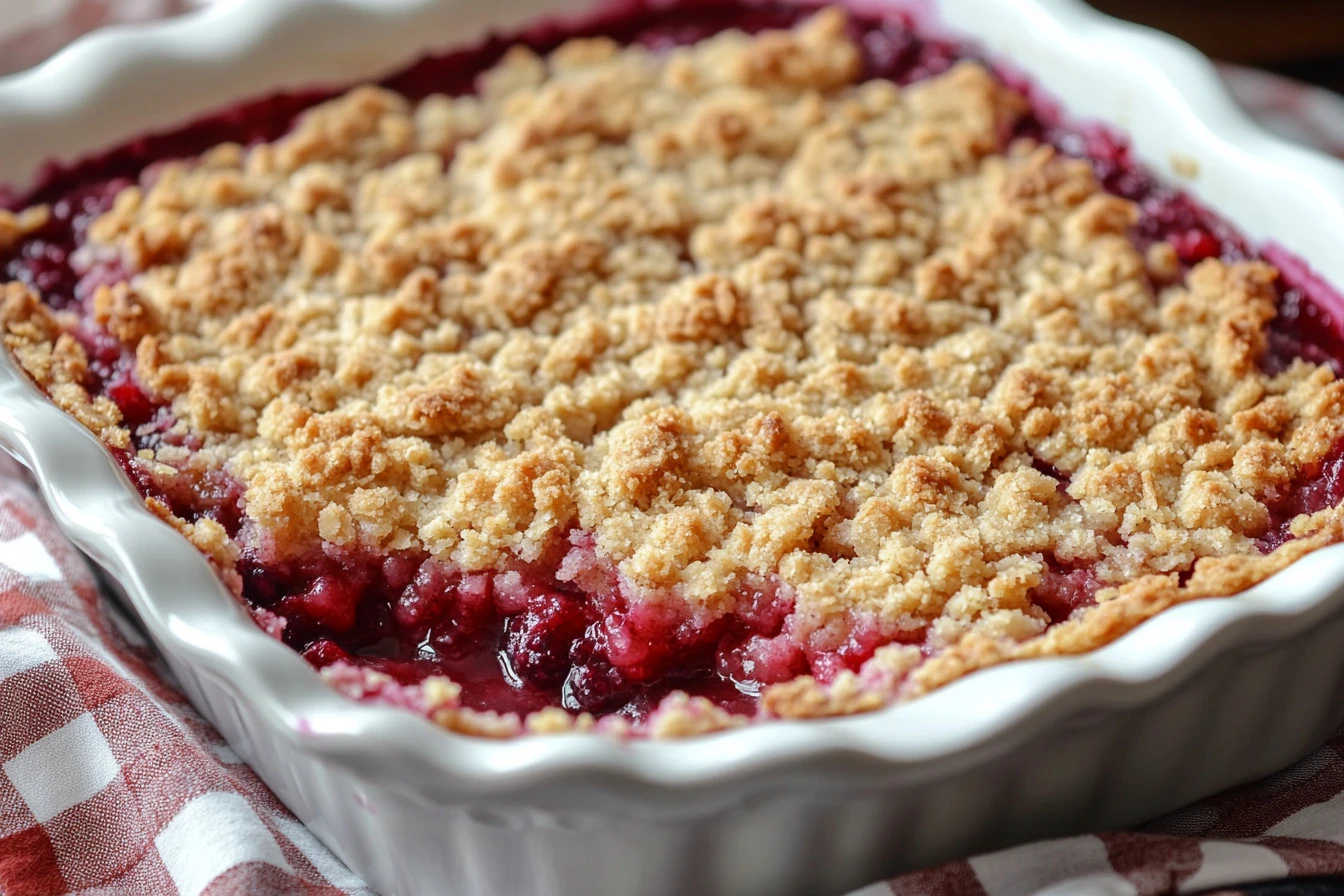 Freshly baked strawberry rhubarb crumble topped with golden crispy crust
