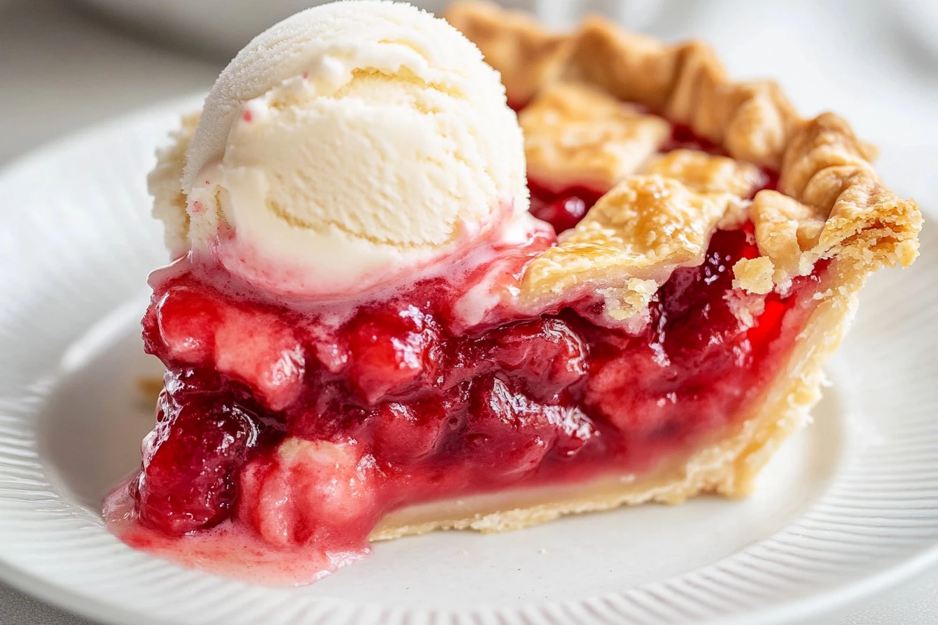Homemade strawberry rhubarb pie with a golden crust and fresh fruit filling