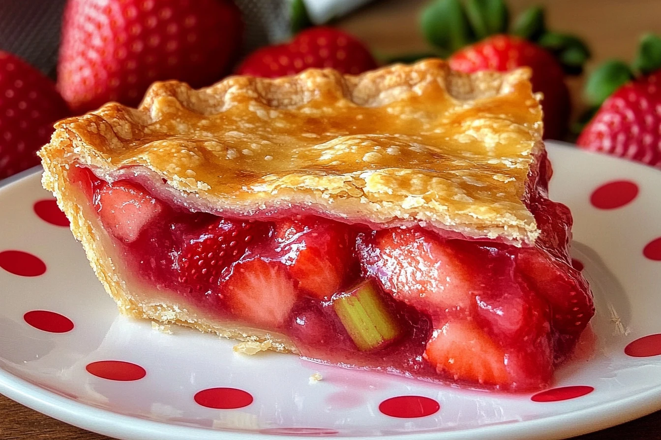 Delicious homemade Strawberry Rhubarb Pie with flaky crust and fresh fruit filling