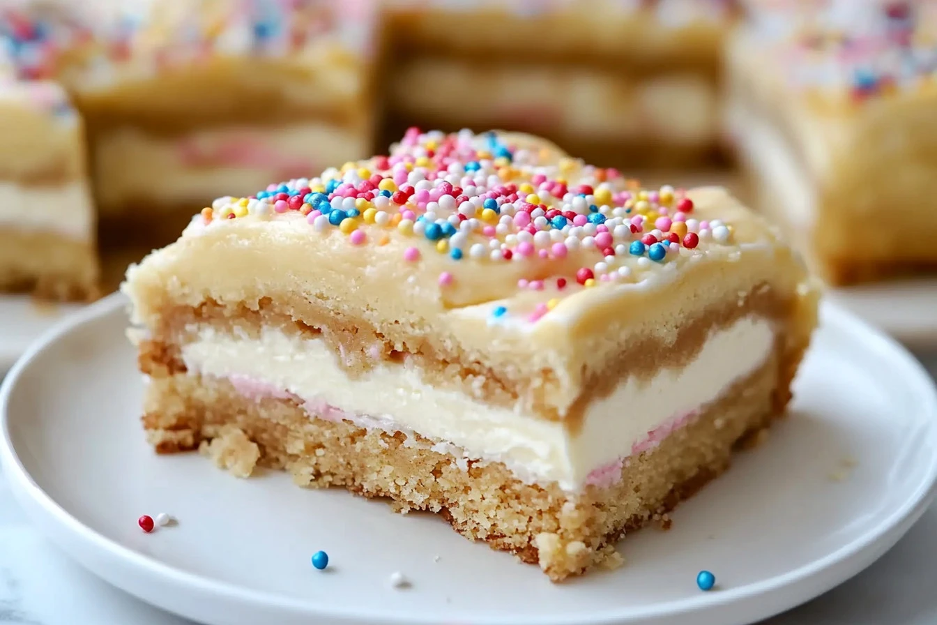 Delicious Sugar Cookie Cheesecake Bars with a creamy cheesecake layer