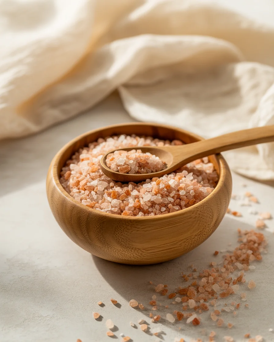 Close-up of Himalayan pink salt granules in a wooden spoon for a detox recipe.