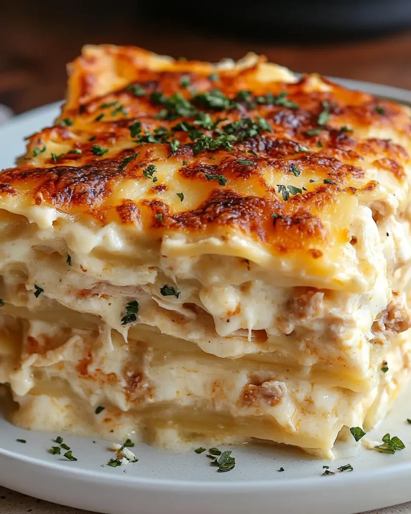 Baked Crack Chicken Lasagna in casserole dish with golden cheese topping