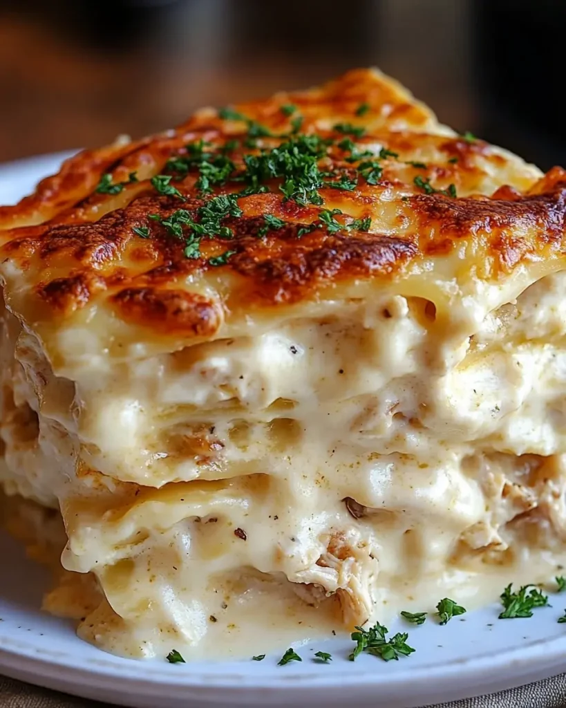 Layered Crack Chicken Lasagna slice with visible bacon and creamy sauce
