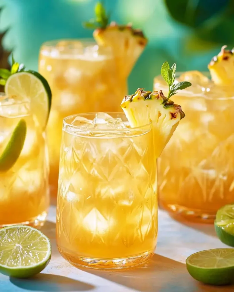 A clear punch bowl filled with pineapple rum punch and citrus slices.