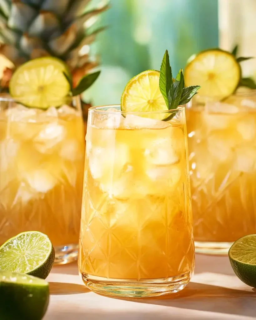 Close-up of pineapple rum punch with fresh mint and a pineapple wedge.