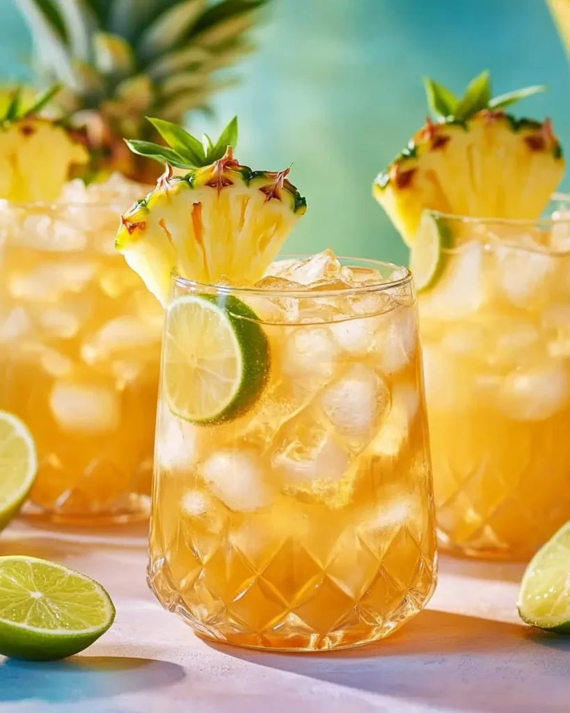 Pineapple rum punch served in mason jars with straws and fruit slices.
