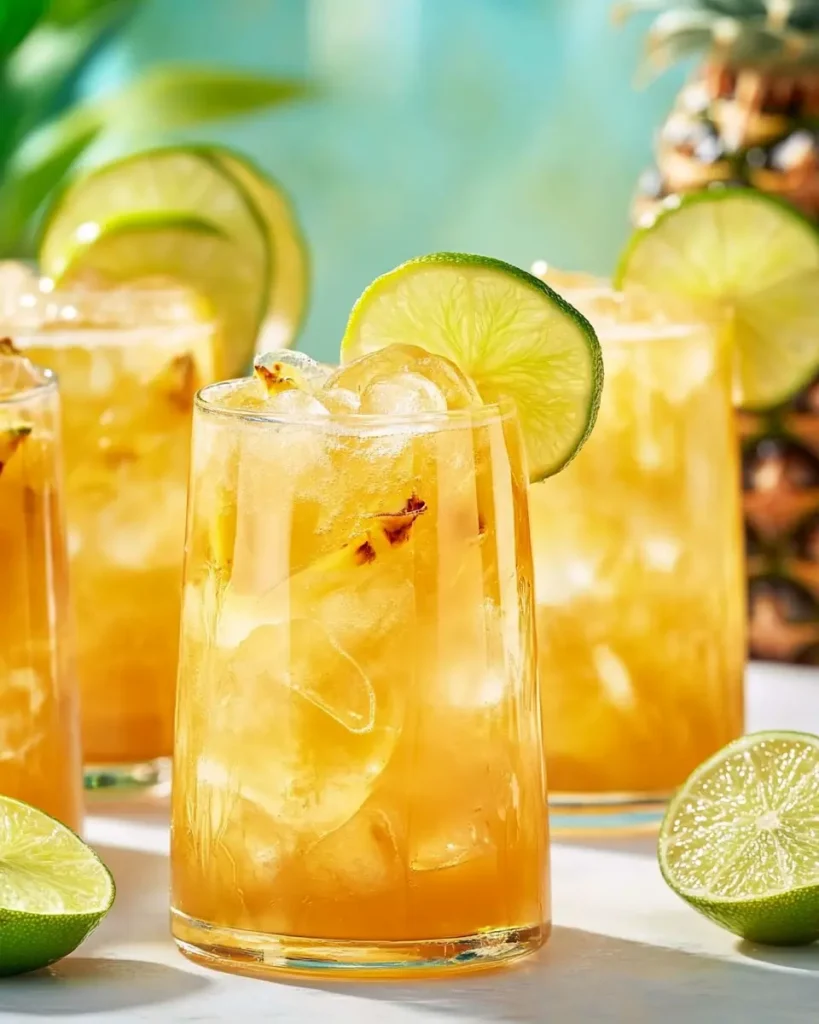 Holiday-themed pineapple rum punch with cranberries and rosemary sprigs.