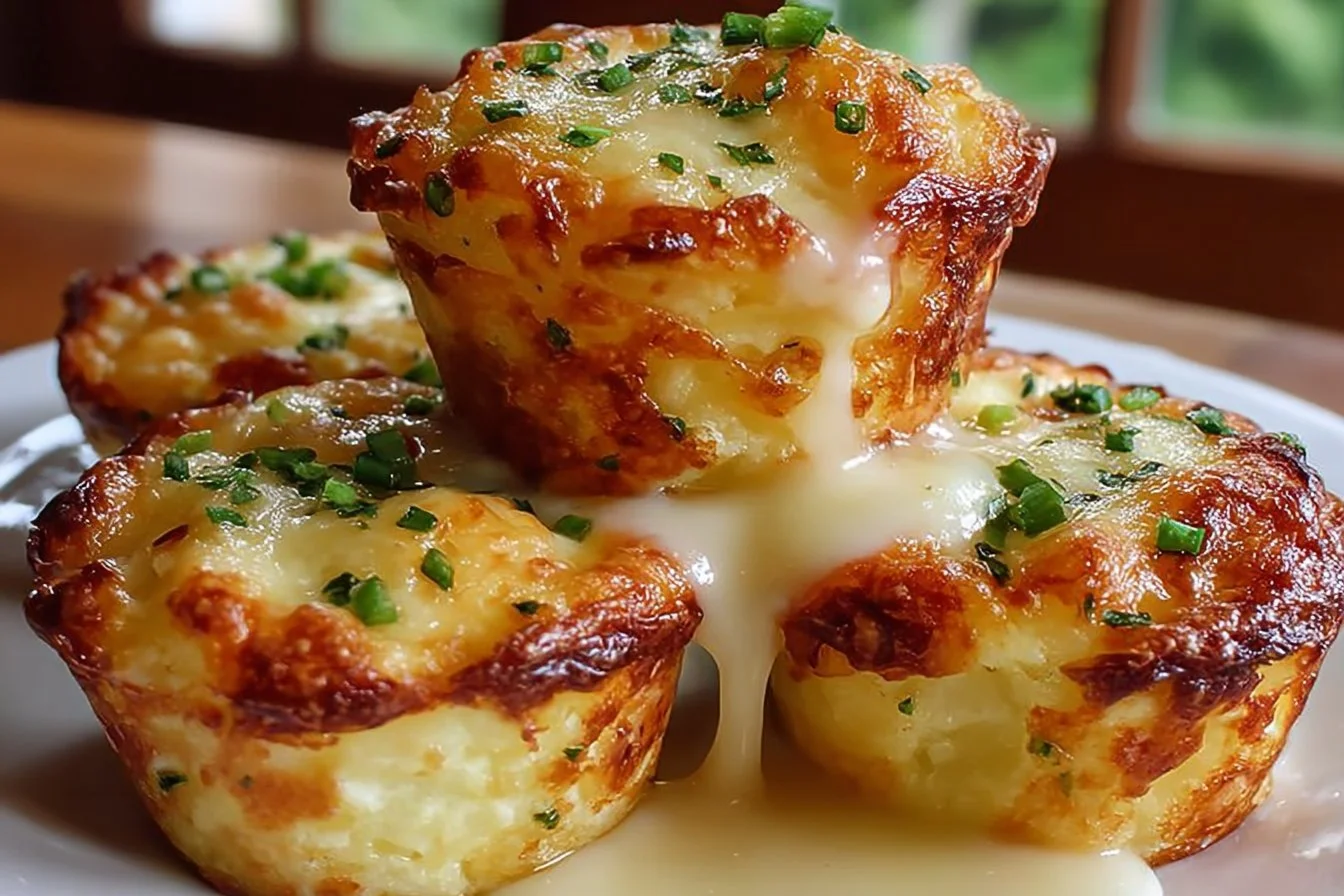 Cheesy mashed potato puffs served on a plate, garnished with herbs.