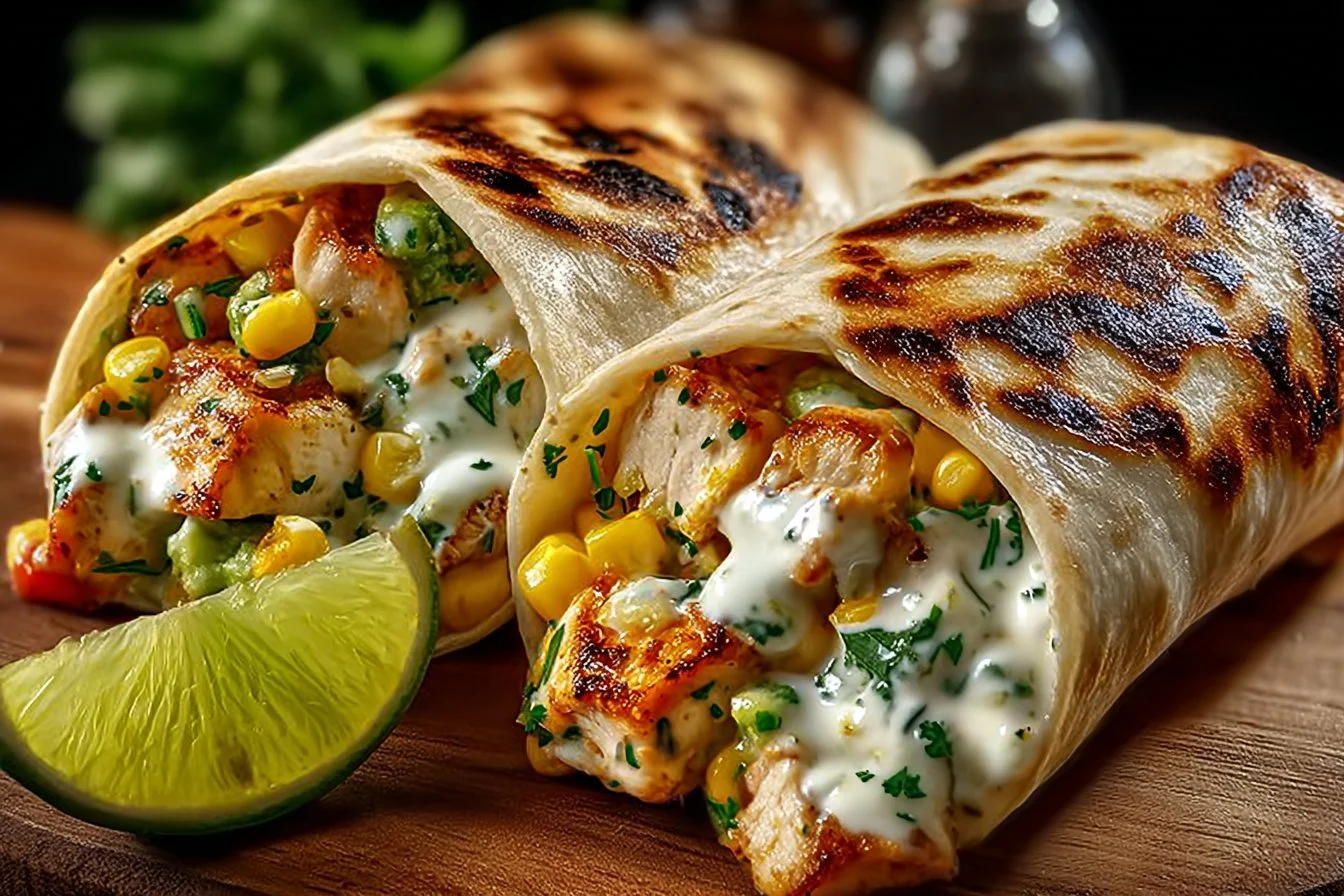 Delicious Chicken Avocado Ranch Burritos served with fresh lime wedges