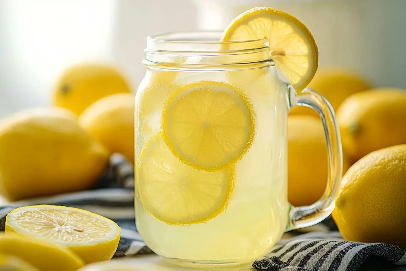 Refreshing homemade Chick-fil-A lemonade in a glass with ice and lemon slices.