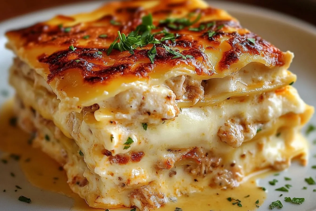 Delicious Crack Chicken Lasagna topped with melted cheese and herbs