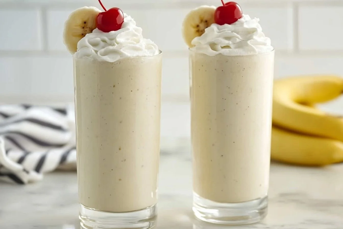A refreshing and creamy banana milkshake in a glass, topped with a banana slice.