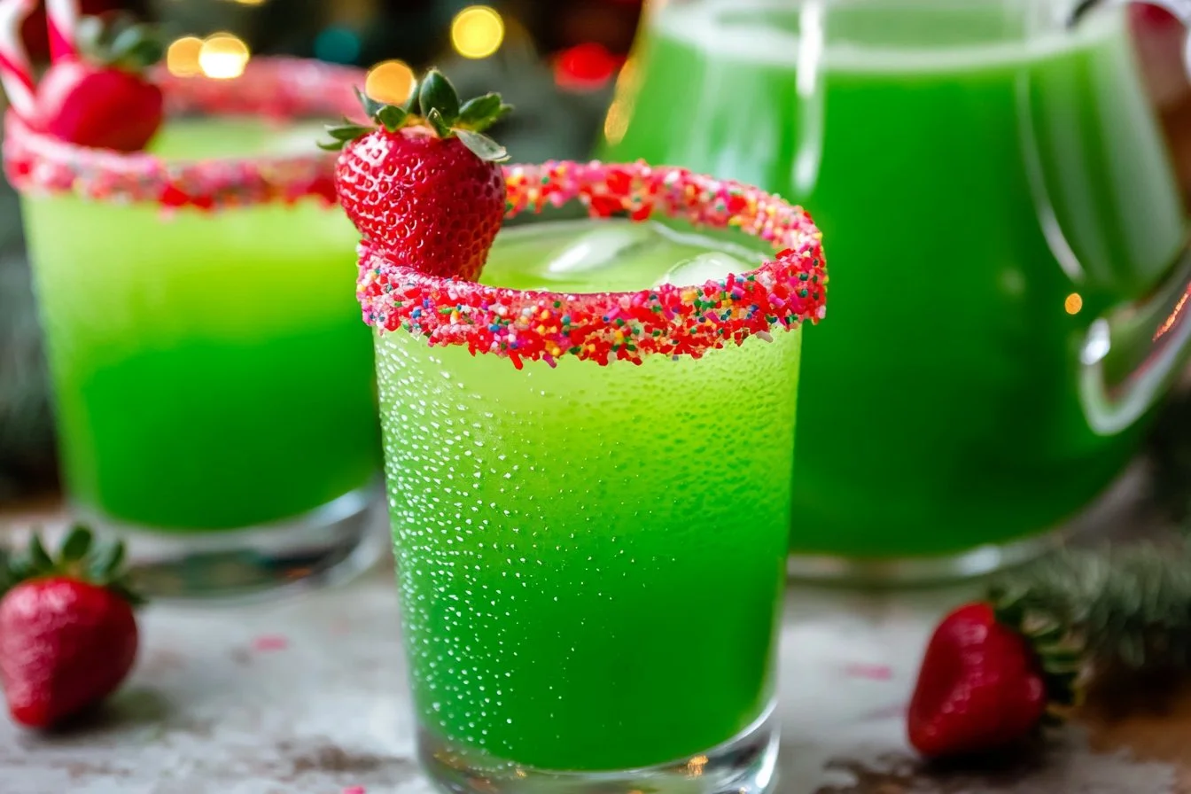 Festive Grinch Punch in a holiday-themed glass, perfect for Christmas parties.