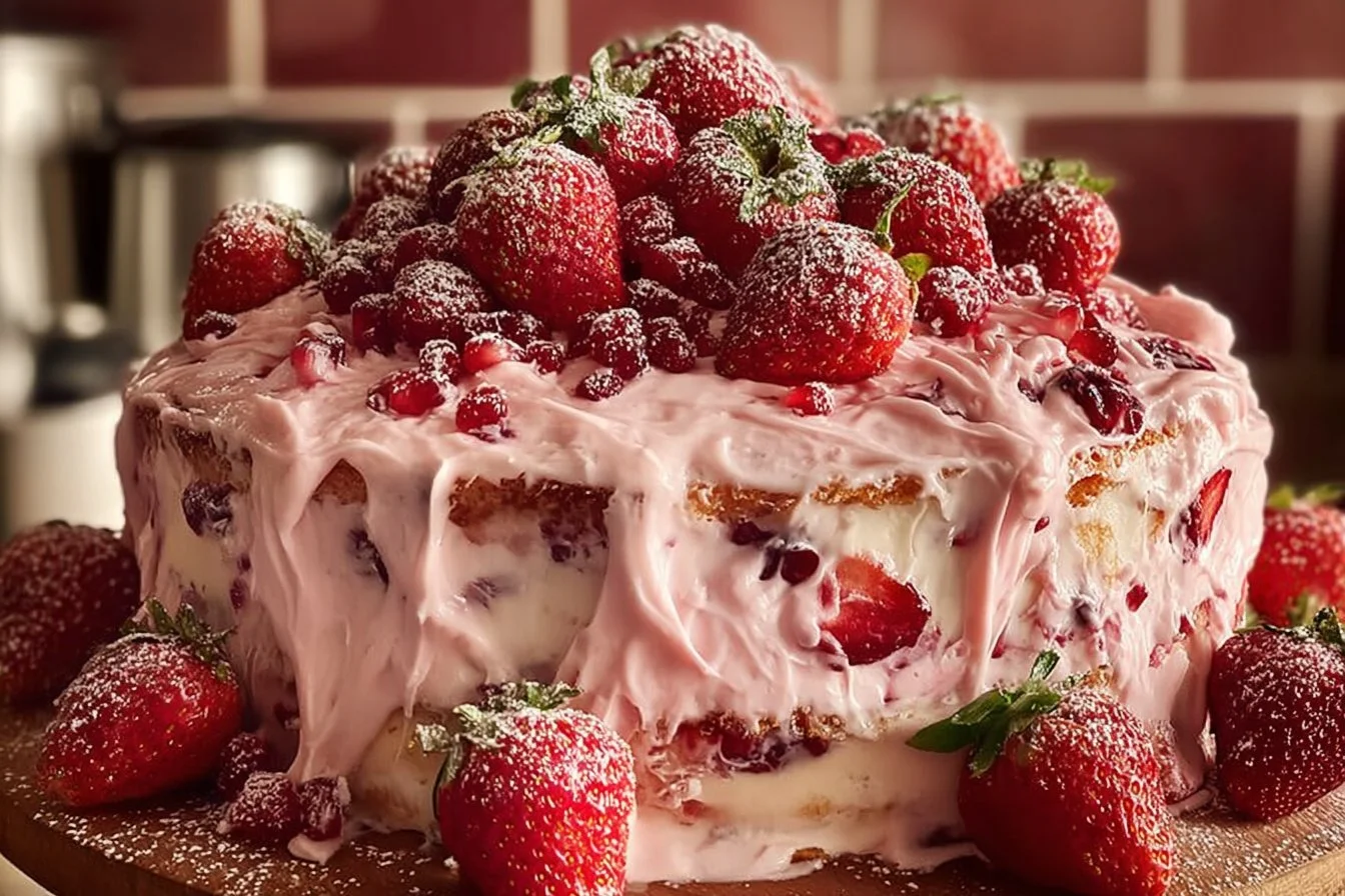 Homemade strawberry Italian cream pound cake on a rustic table