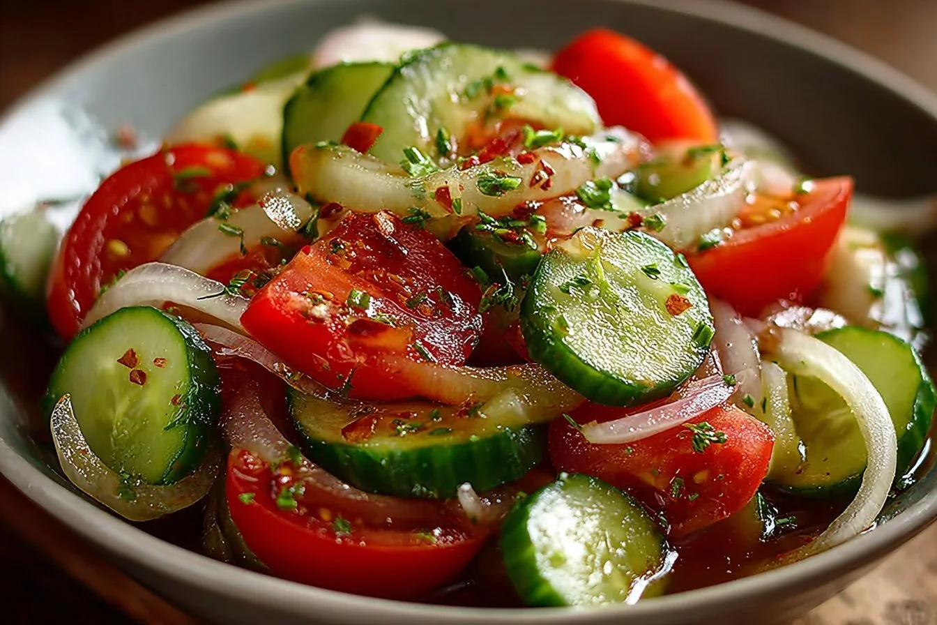 Delicious marinated cucumber, onion, and tomato salad in a bowl