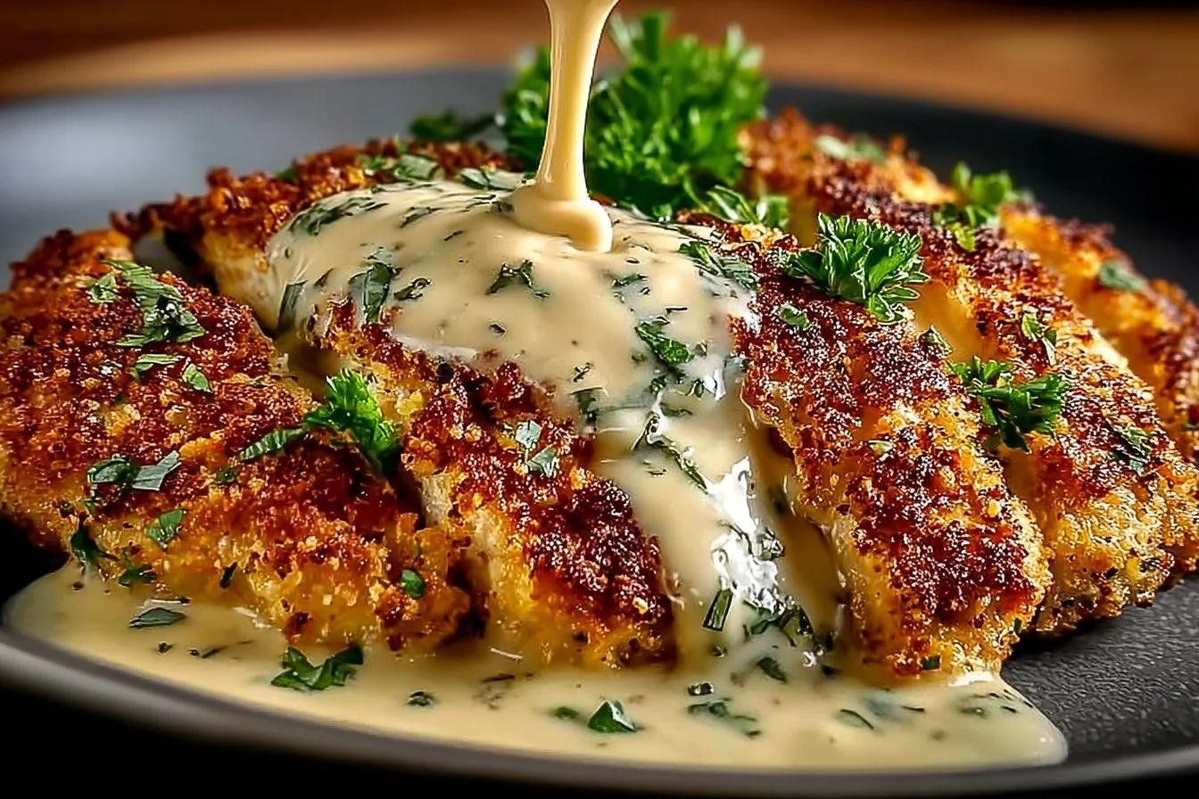 Parmesan Crusted Chicken served with Creamy Garlic Sauce