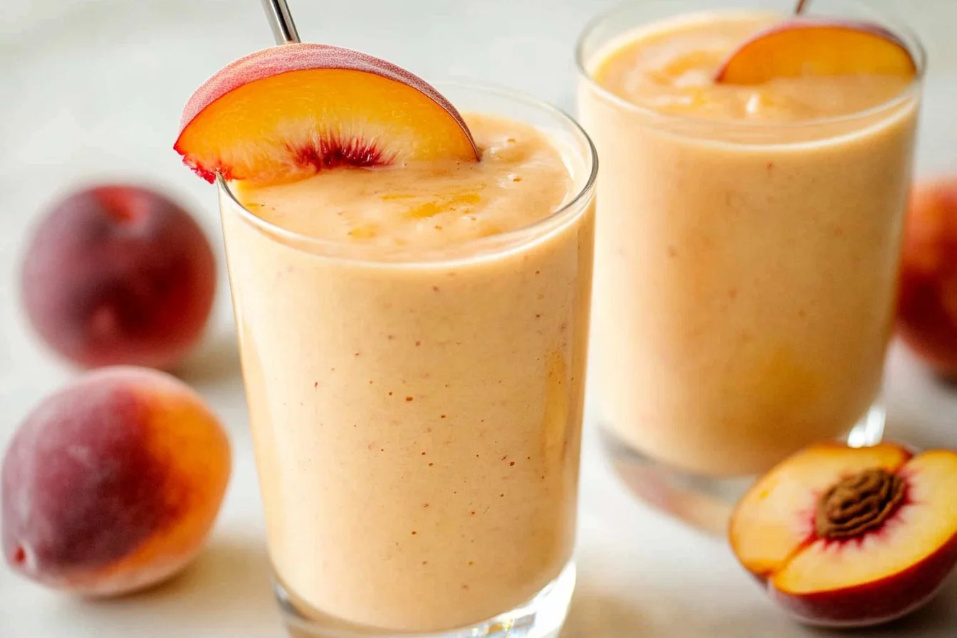 Delicious peach smoothie in a glass with fresh peach slices