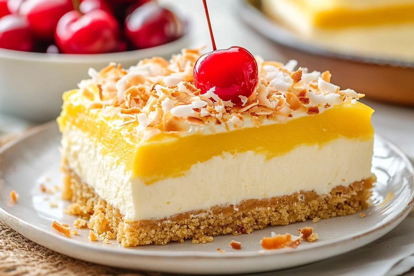 Pina Colada Lush dessert topped with coconut and pineapple.