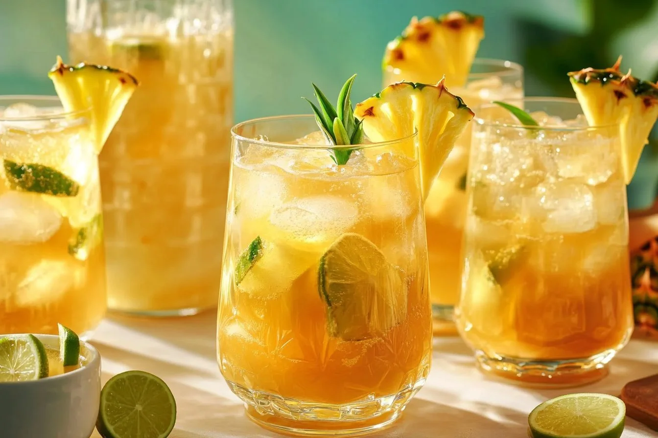 Delicious Pineapple Rum Punch served in a tropical glass with fruit garnishes