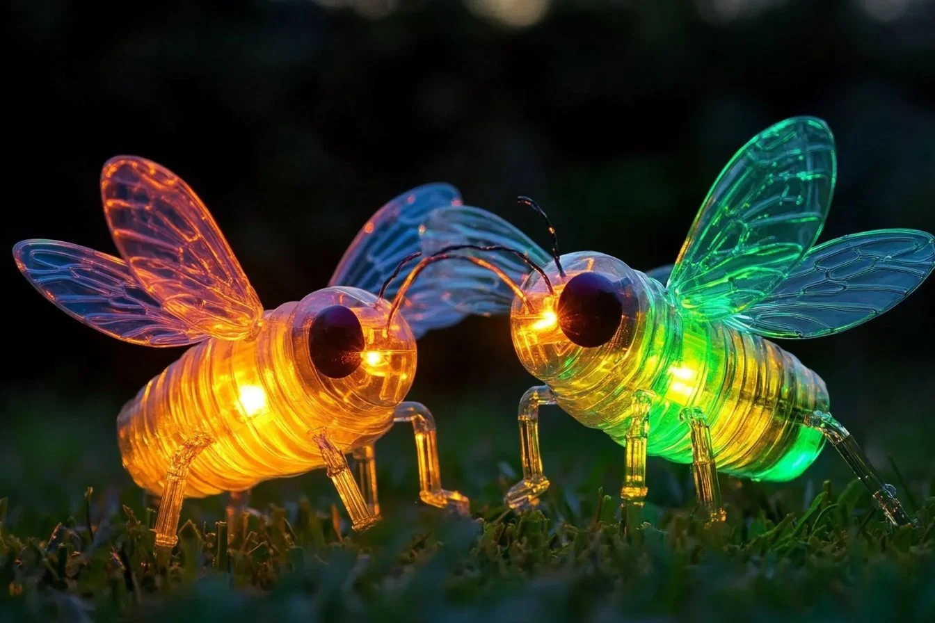 DIY Pop Bottle Firefly lamp with glowing lights in a recycled bottle