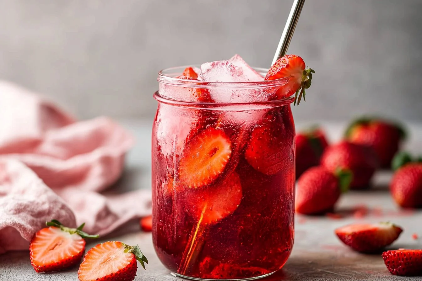 Refreshing Strawberry Acai Refresher drink with fresh strawberries and acai berries.