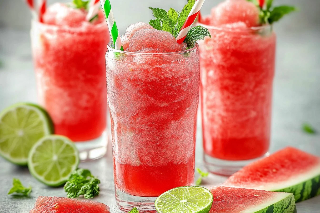 Refreshing watermelon slushie in a glass with ice and mint garnish
