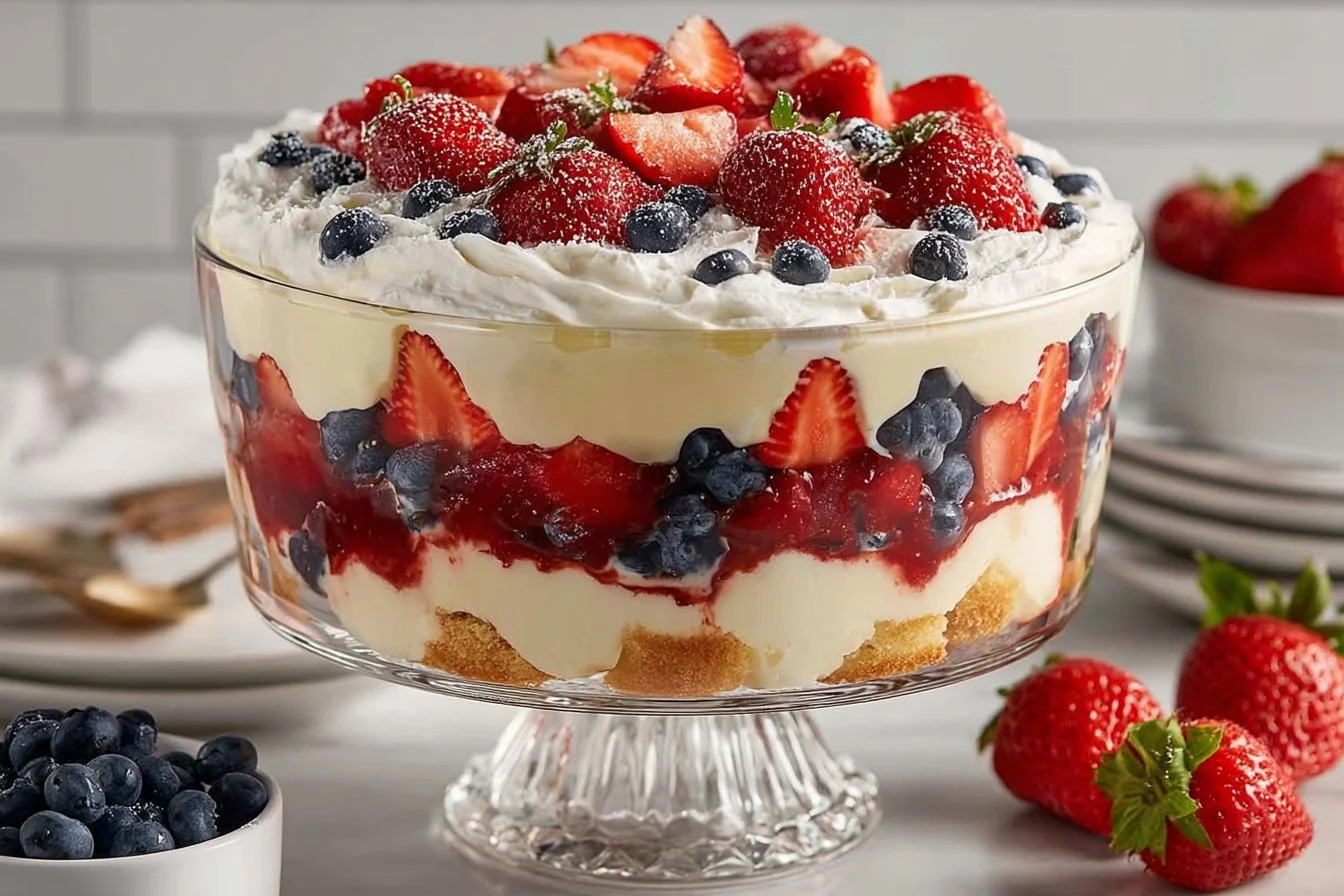 Delicious July trifle with berries and whipped cream for 4th of July celebration